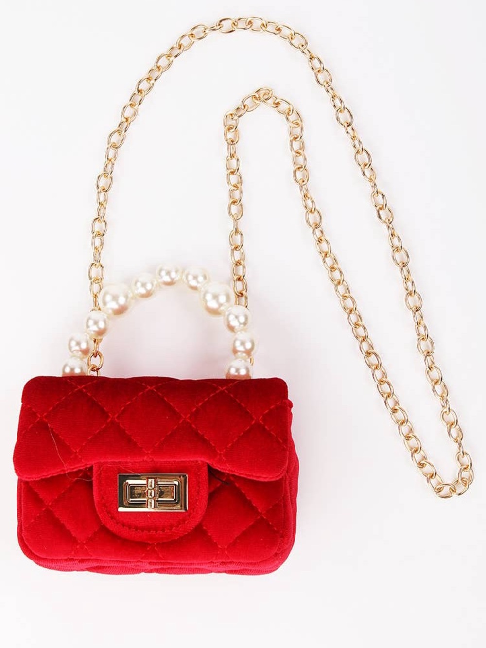 Red Quilted Velvet Mini Bag with Pearl Handle and Gold Chain
